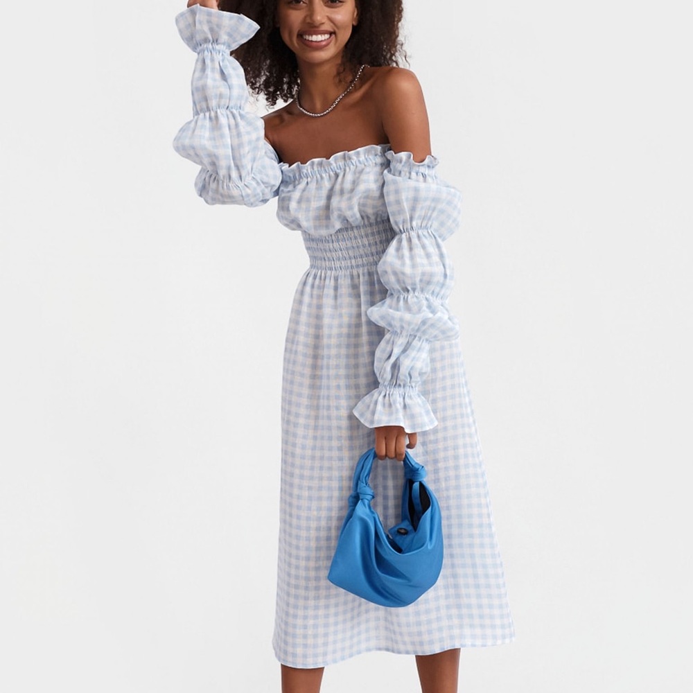 Daily Sleeper blue gingham midi linen dress Size medium